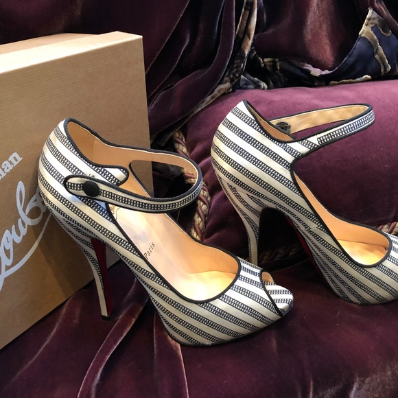 Louboutin Satin Black & White Peep Toe Pumo - Picture 3 of 8